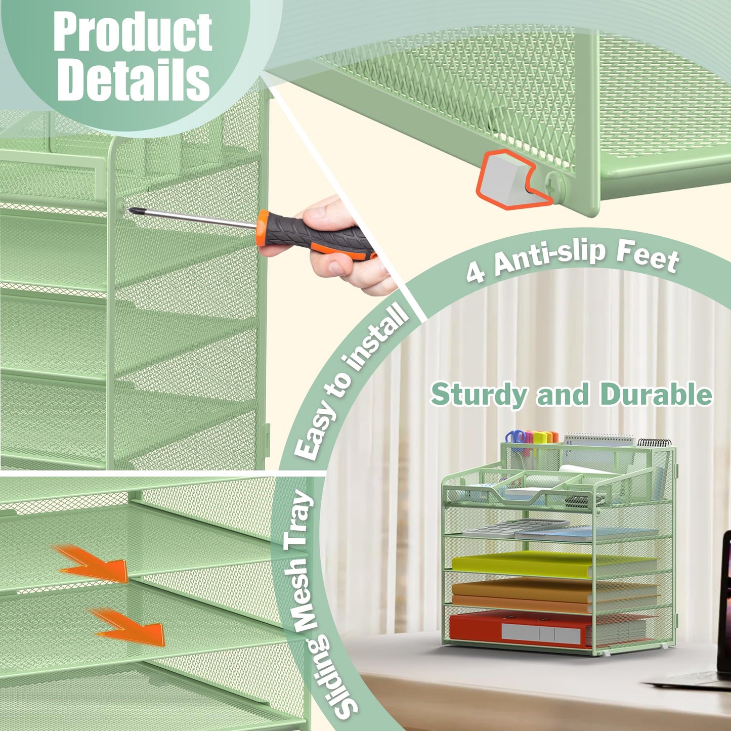 Docnest 5 Tier Mesh Desk Organizer with Letter Tray & Paper Sorter, Green