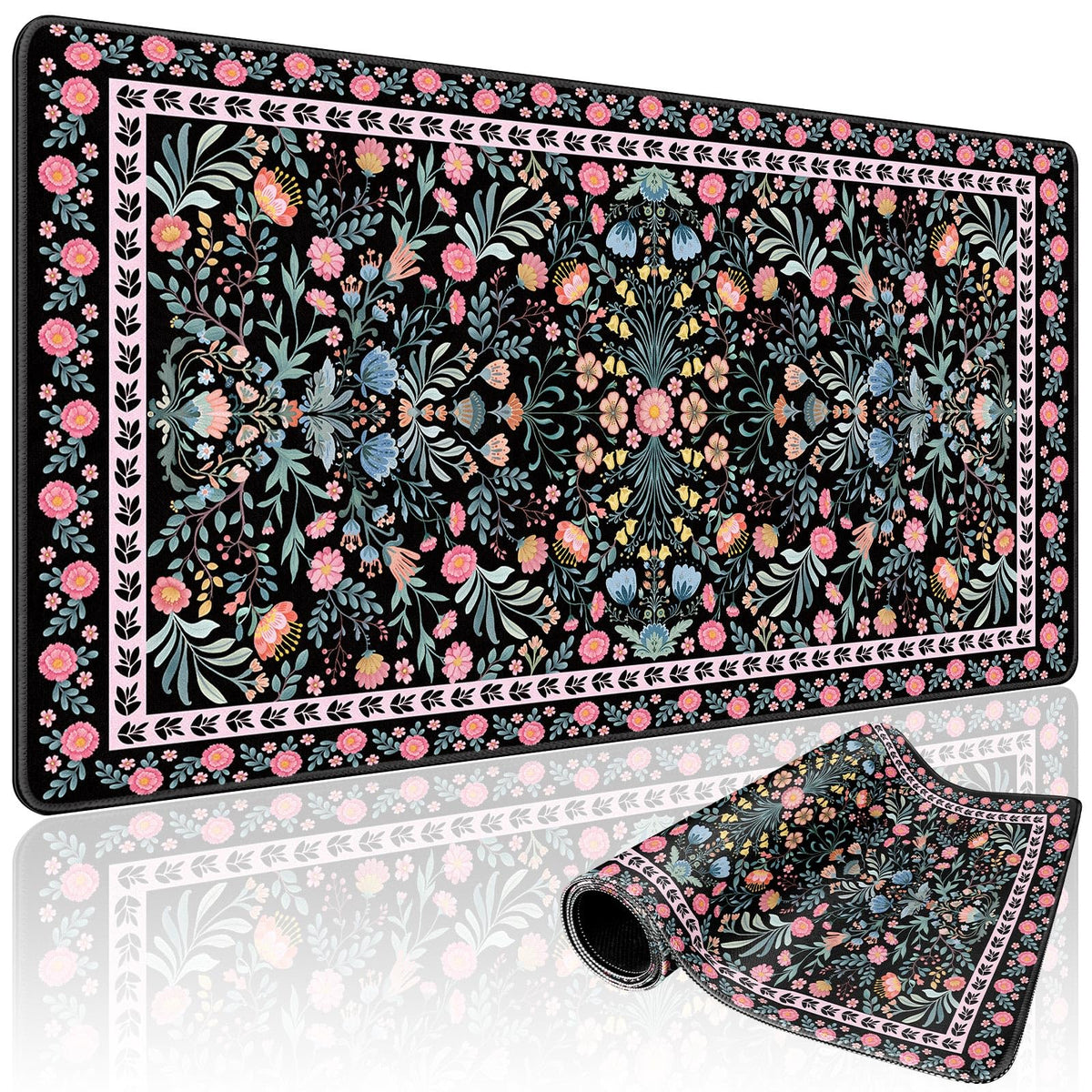 Mcapirivo Black Floral Desk Mat Large Mouse Pad 31.5"x15.7" Non-Slip