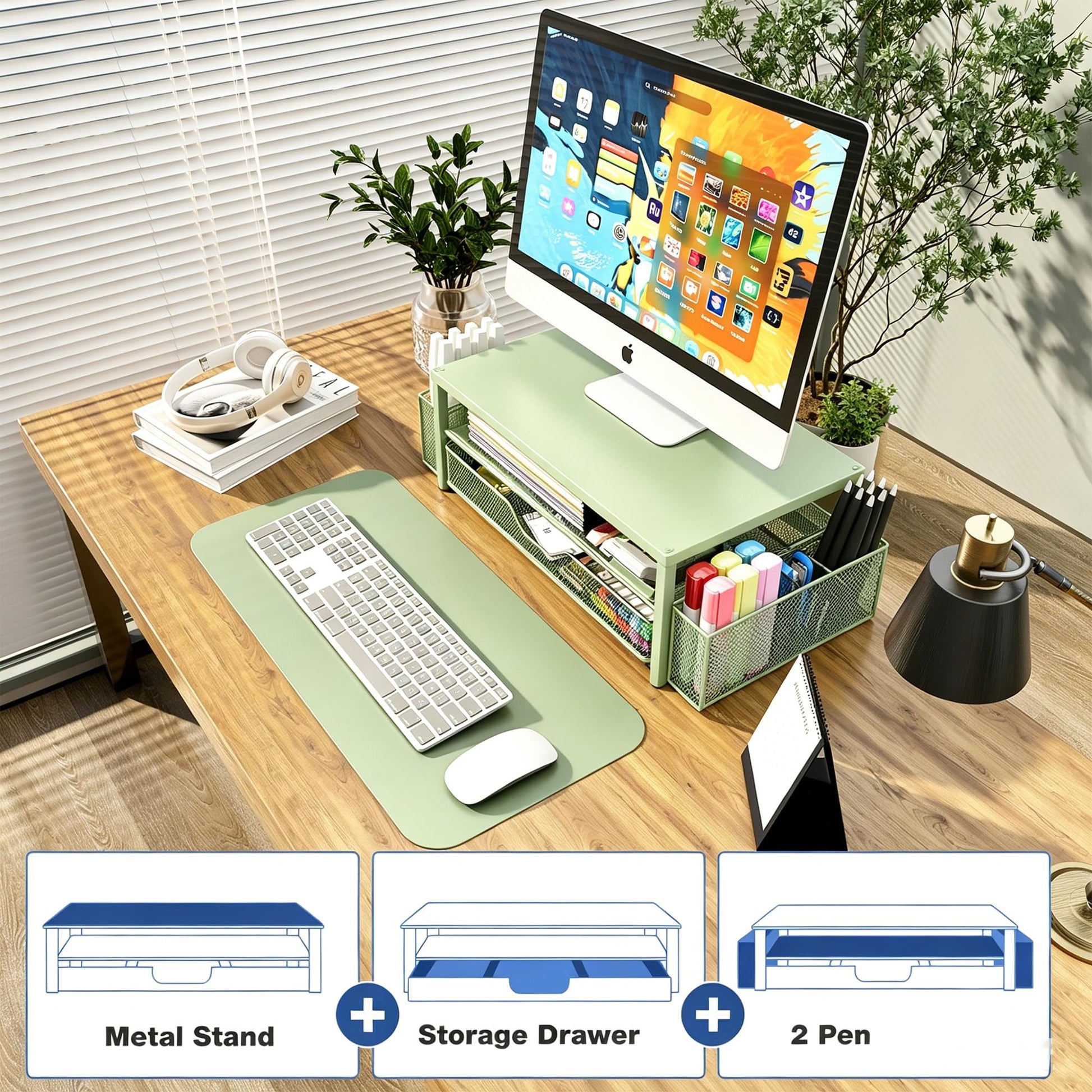 OPNICE Desk Organizers and Accessories, Computer Monitor Stand Riser with Drawer and 2 Pen Holders
