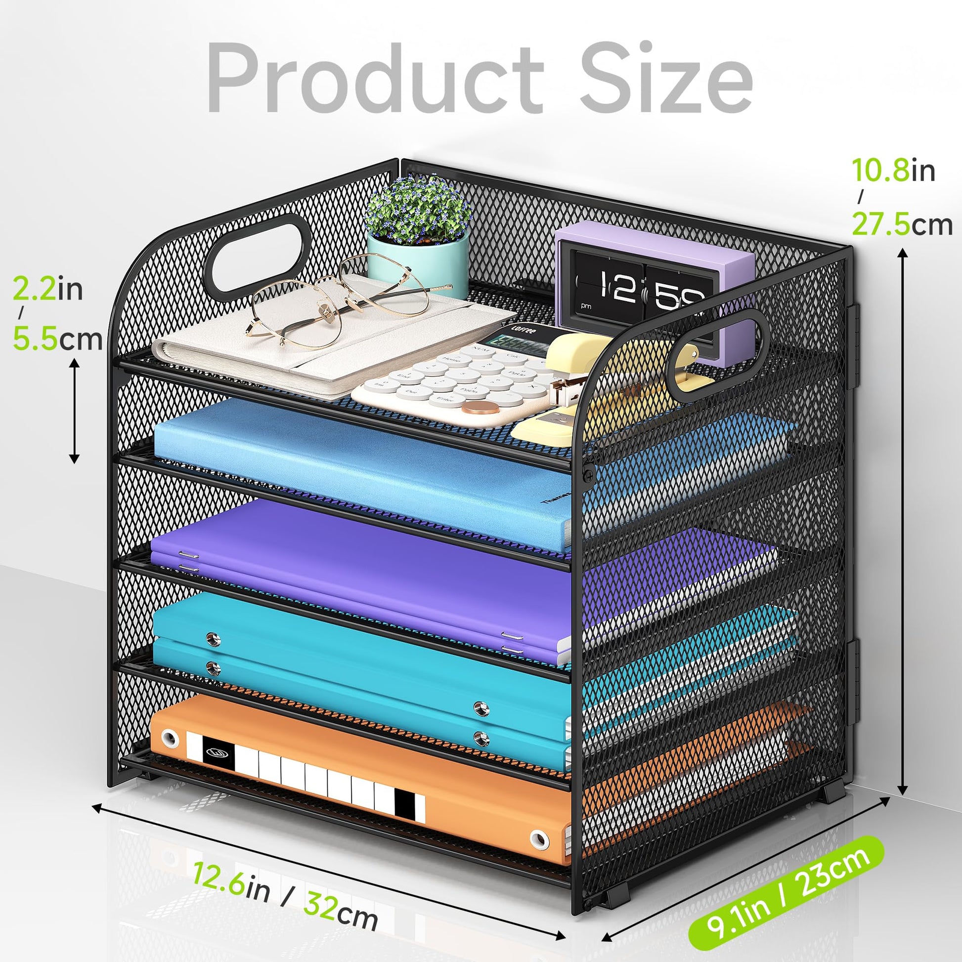 Cawukege 2 Pack 5 Tier Paper Organizer, Letter Tray with Handle, Mesh Desk Organizer, Metal File