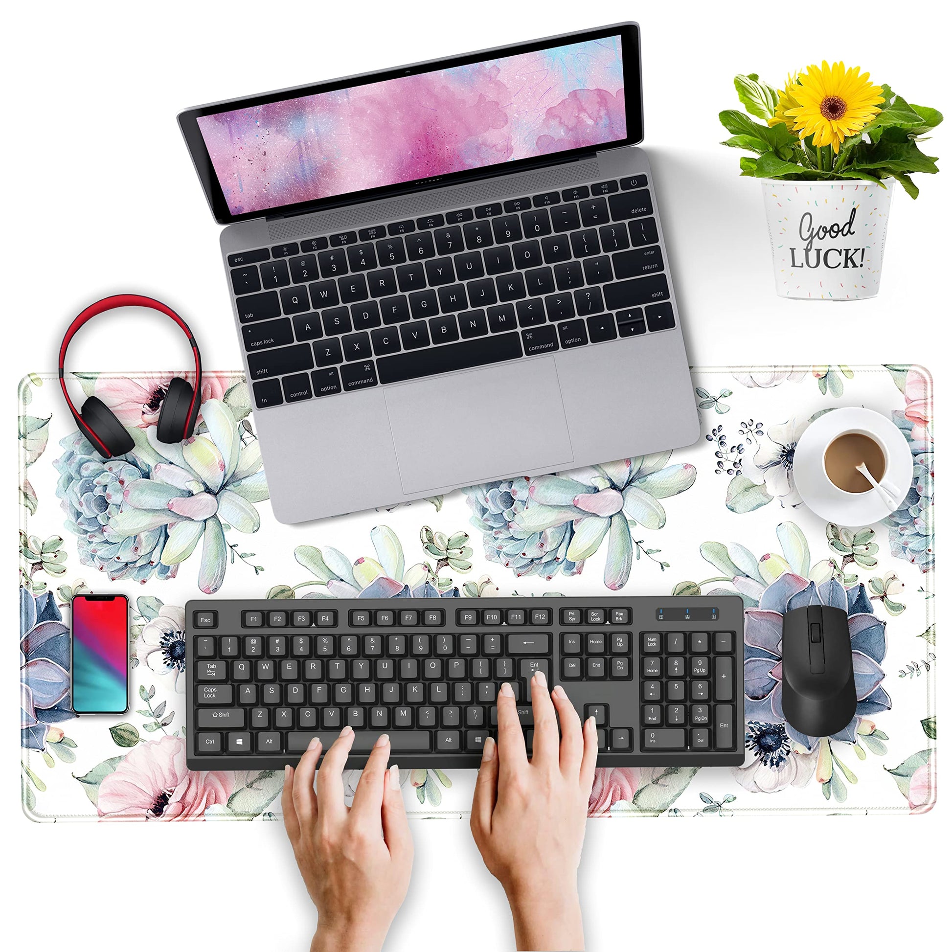 Watercolor Succulents Desk Mat, Plants Succulent Roses Desk Pad Protector, Large Gaming Mouse Pad