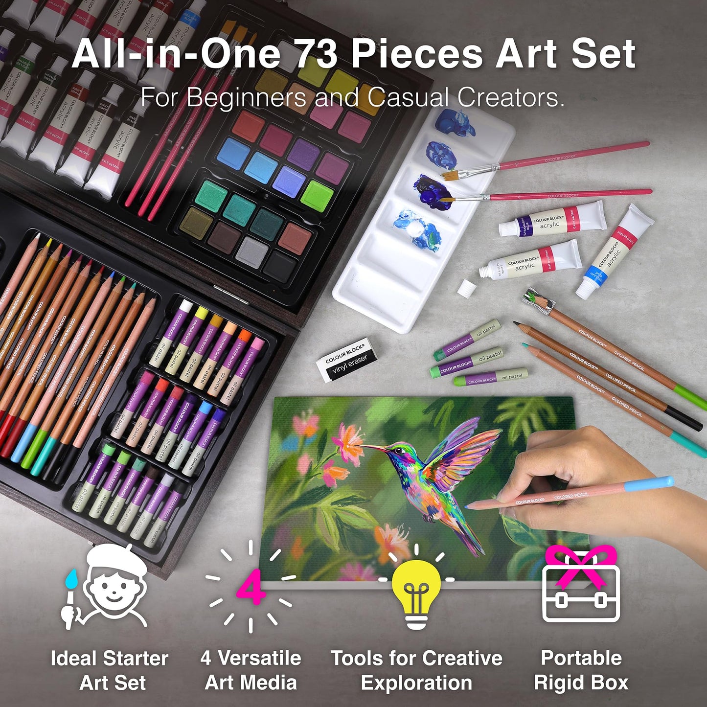 COLOUR BLOCK 73-Piece Art Set – Premium Art Supplies Kit for Adults, All-in-One Painting and