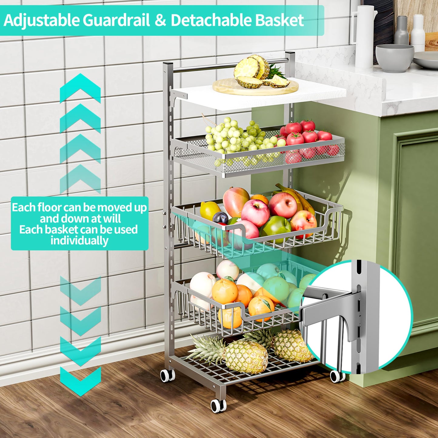HapiRm Fruit Basket Kitchen Cart - 5 Tier Adjustable Vegetable Storage Rack, Large Capacity Rolling