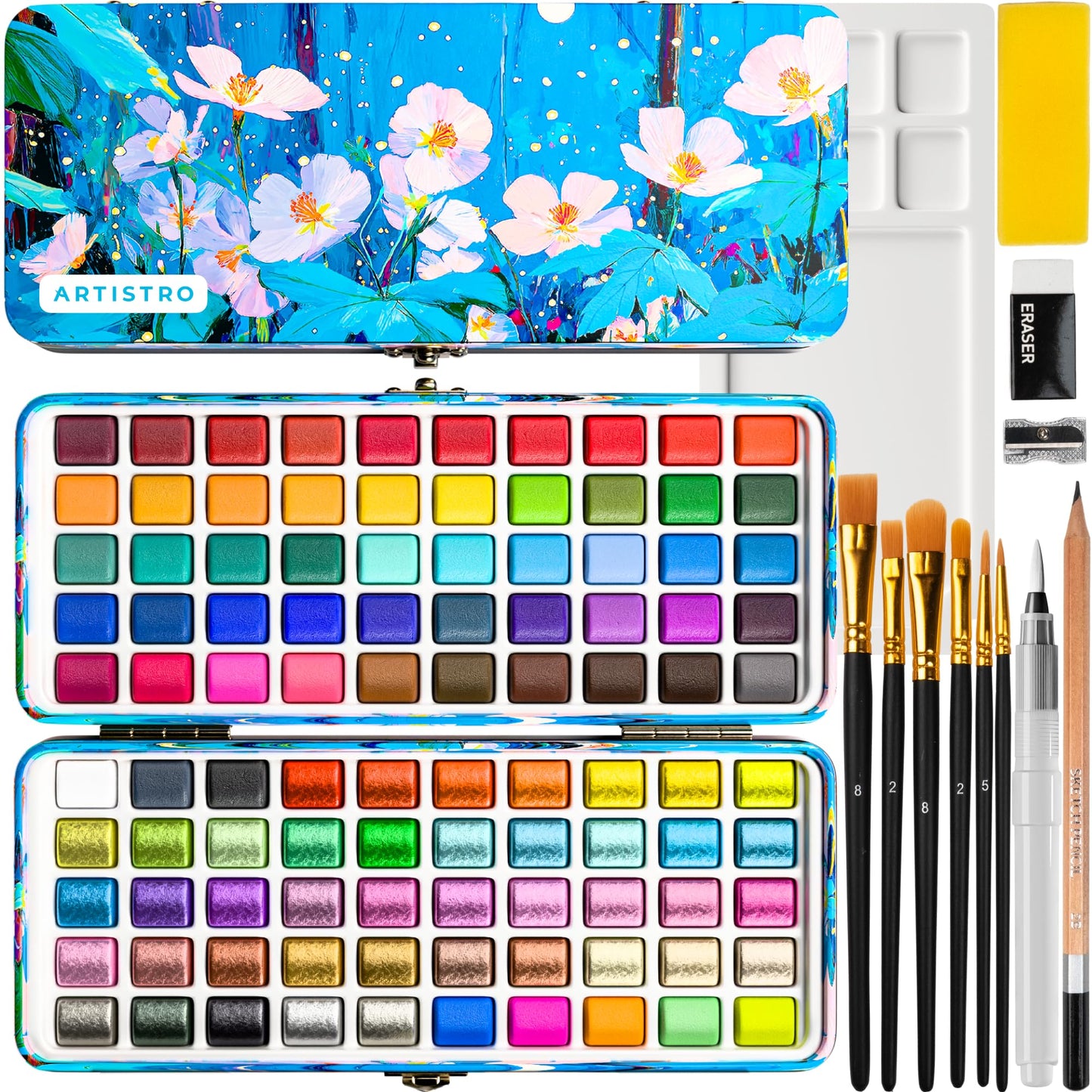 ARTISTRO Watercolor Paint Set with Palette & Brush Pens - 100 Colors