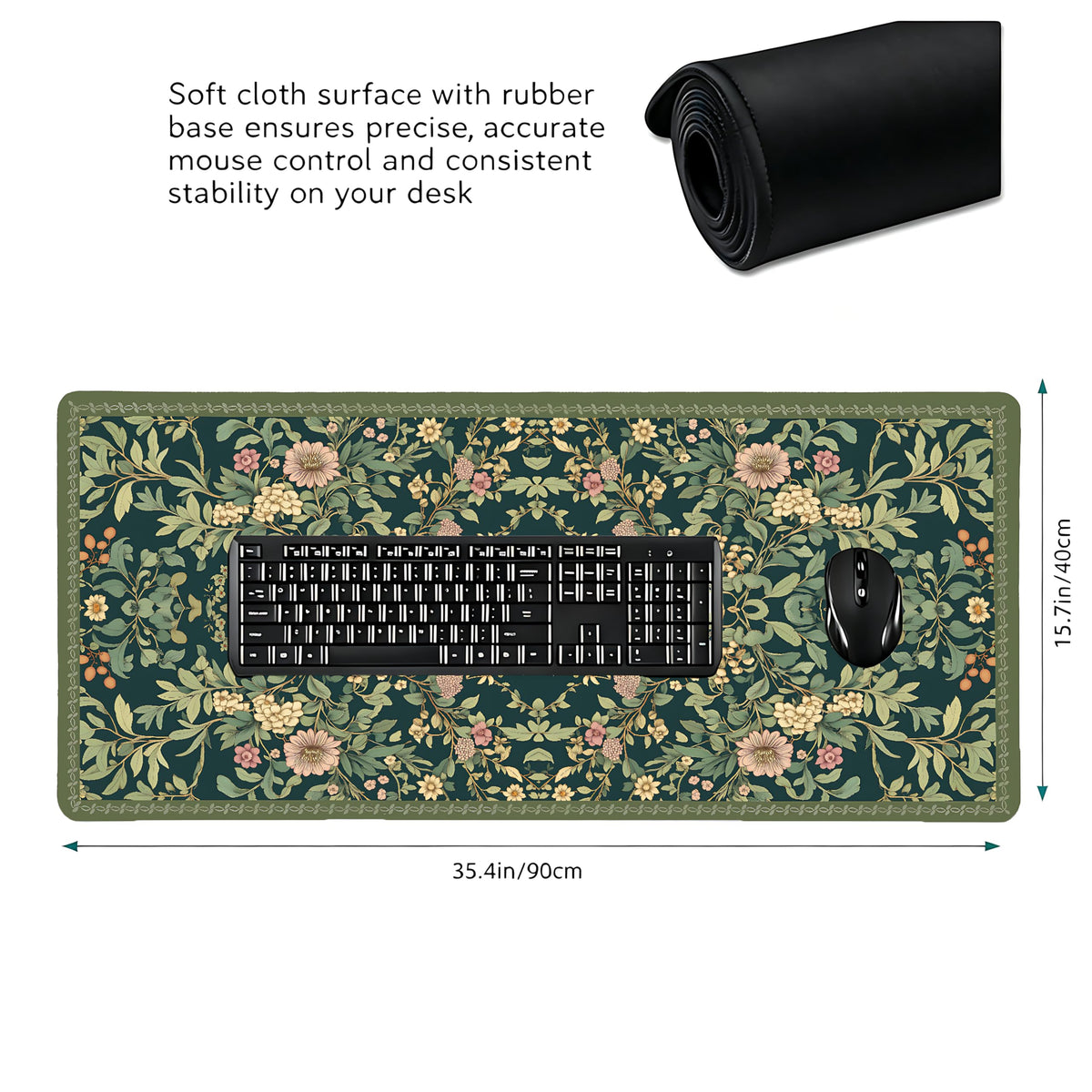 Cute Floral Aesthetic Dahlia Gaming Mouse Pad, Dark Green Rug Desk Mat with Anti-Slip Base &