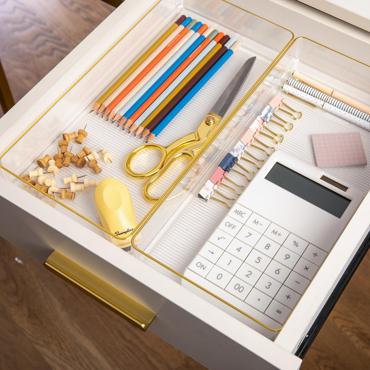 Martha Stewart Kerry Stackable Desk Drawer Organizers, Clear/Gold, 3-Pack