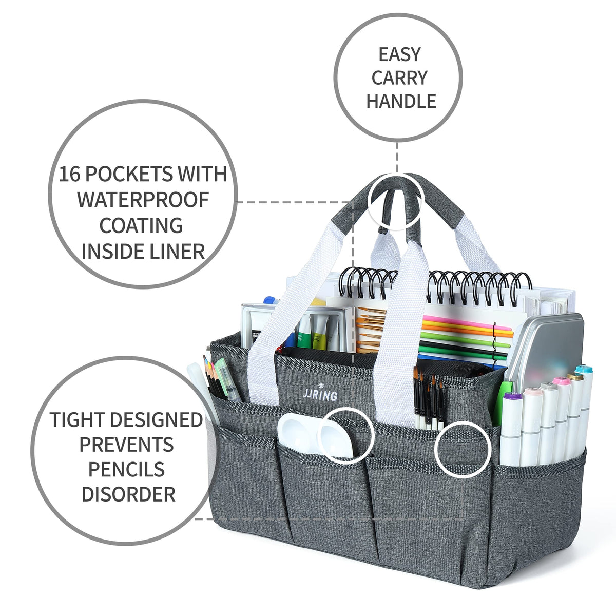 JJRING Craft Organizer Tote Bag Art Storage Caddy Grey
