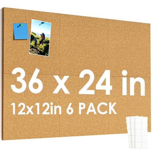 MaxGear 36" x 24" Large Cork Board for Wall, 6 Pack 12" x 12" Tiles