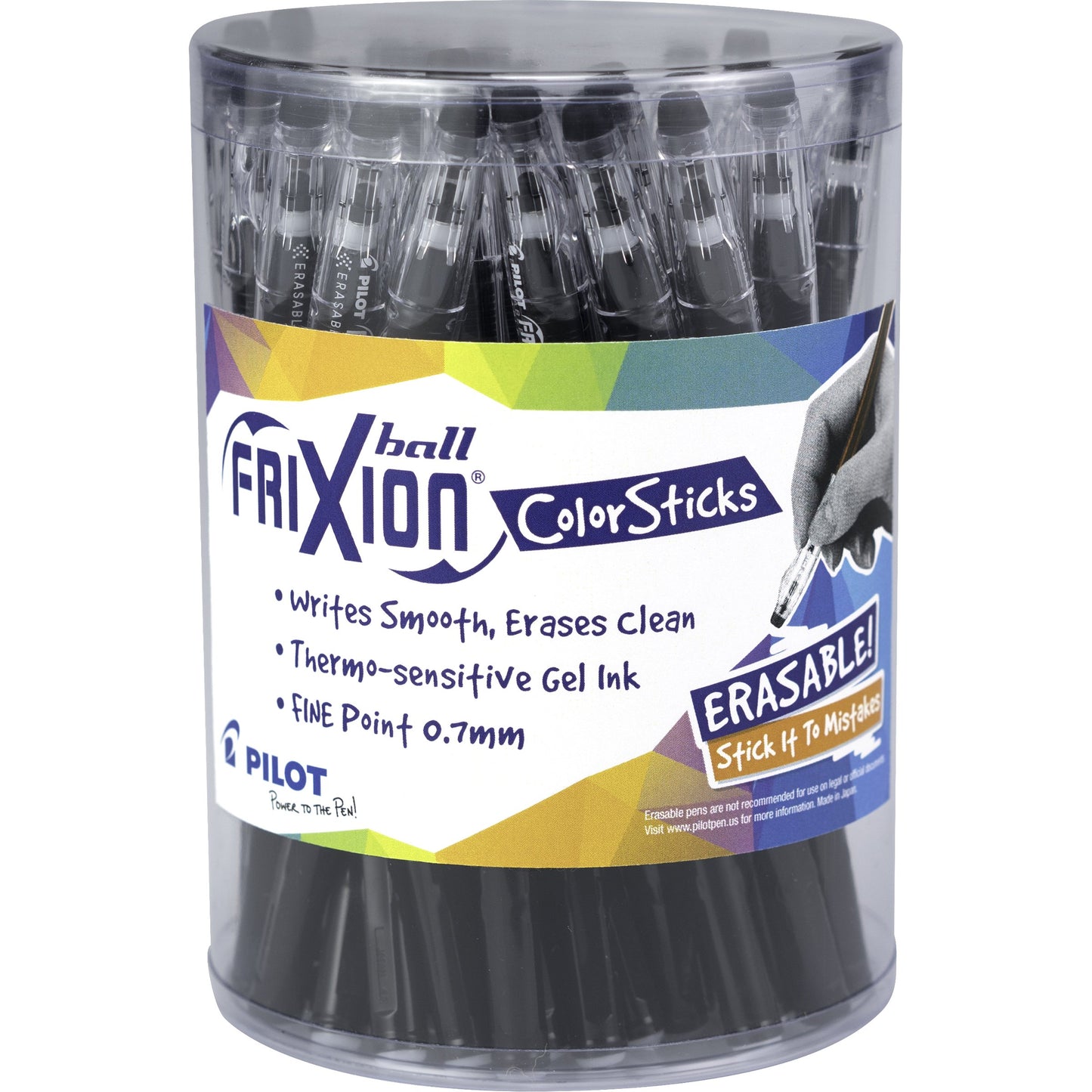 PILOT FriXion ColorSticks Erasable Gel Ink Stick Pens, Black Ink, Tub of 36