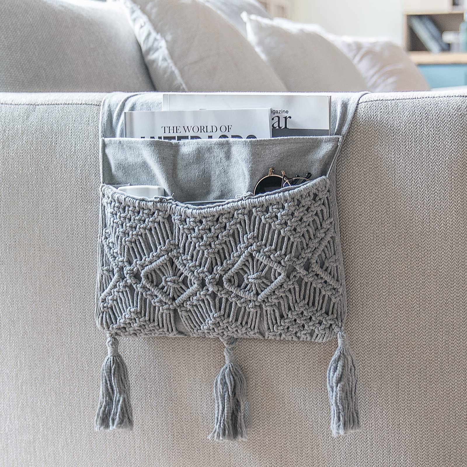Mkono Macrame Armchair Caddy, Boho Couch Armrest Organizer, 4 Pockets Grey