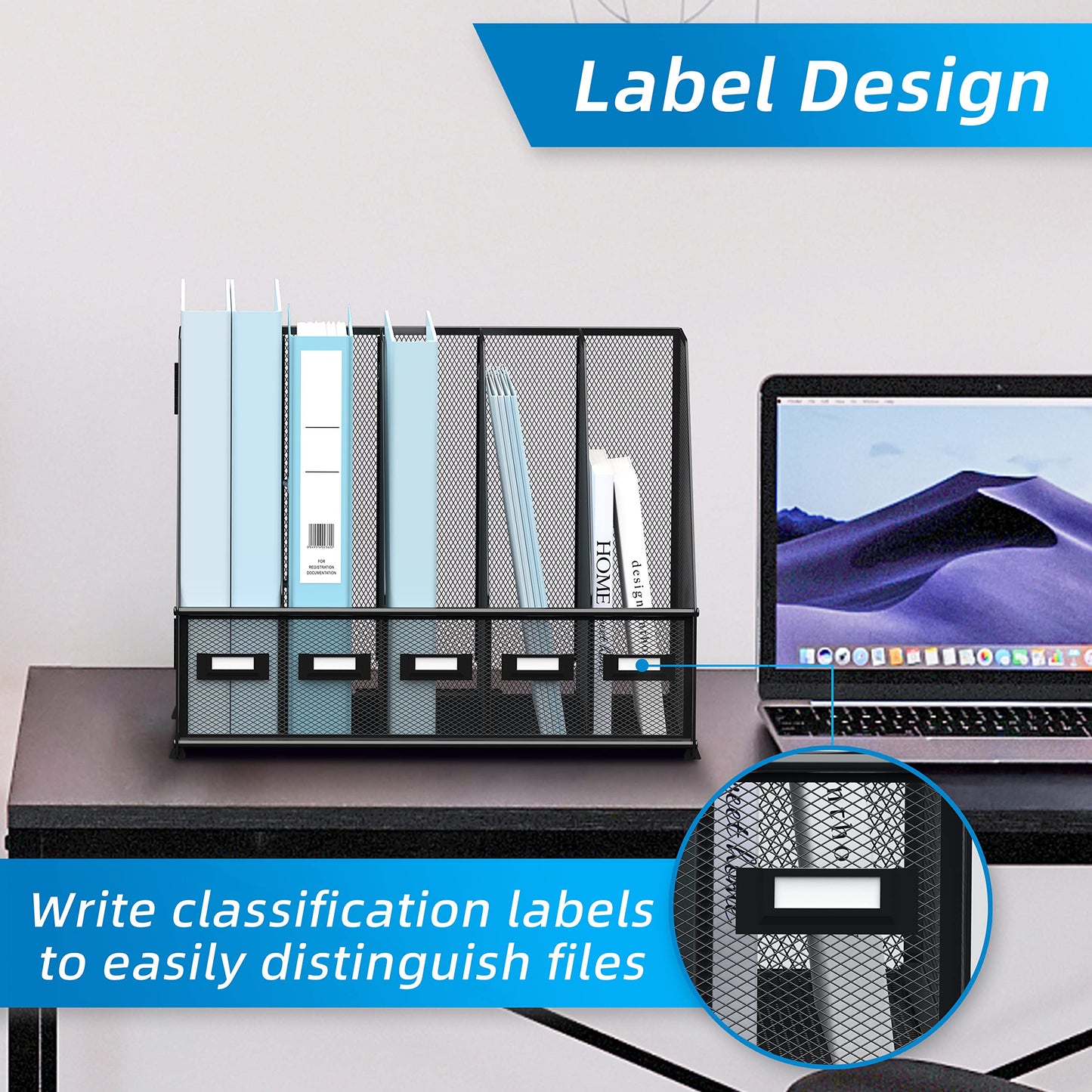 SUPEASY Desk Organizers Metal Desk Magazine File Holder with 5 Vertical Compartments Rack File