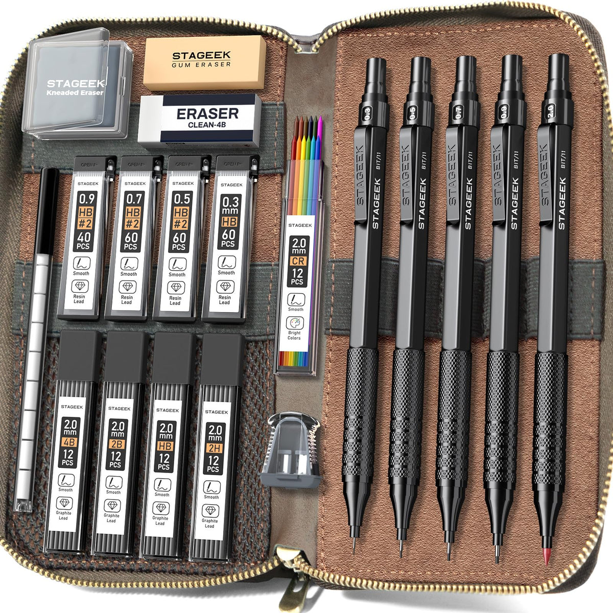 STAGEEK 20Pcs Black Metal Mechanical Pencil Set with Leather Case