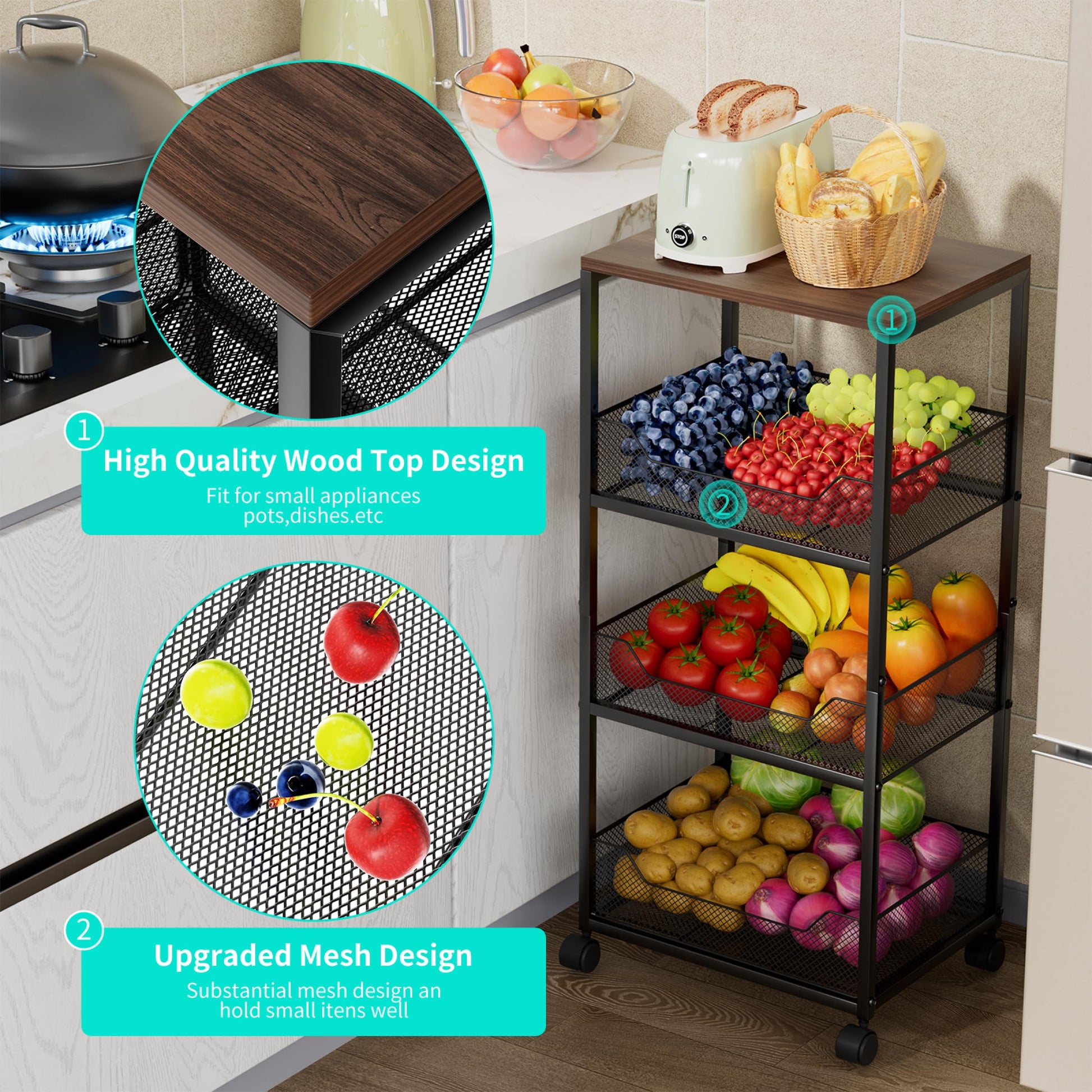 HapiRm Fruit Basket Kitchen Cart - 4-Tier Rolling Storage Cart with Wheels, Fruit Vegetable Basket