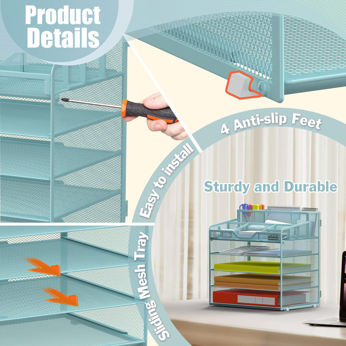 Docnest 5 Tier Mesh Desk Organizer with Letter Tray & Paper Sorter, Blue