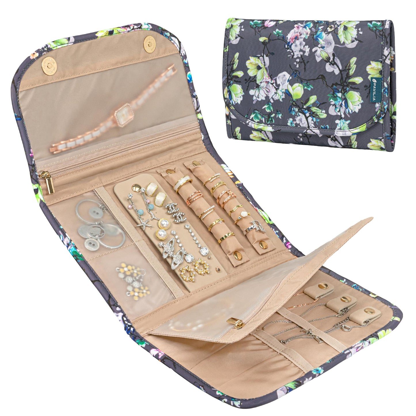 PAVILIA Travel Jewelry Case Organizer Roll Bag for Accessories Floral Gray