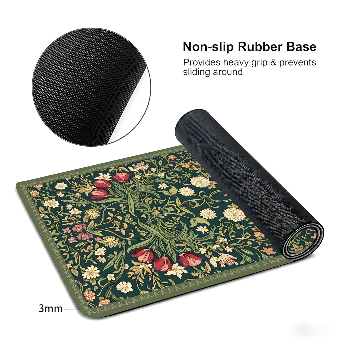Cute Floral Aesthetic Dahlia Gaming Mouse Pad, Dark Green Rug Desk Mat with Anti-Slip Base &