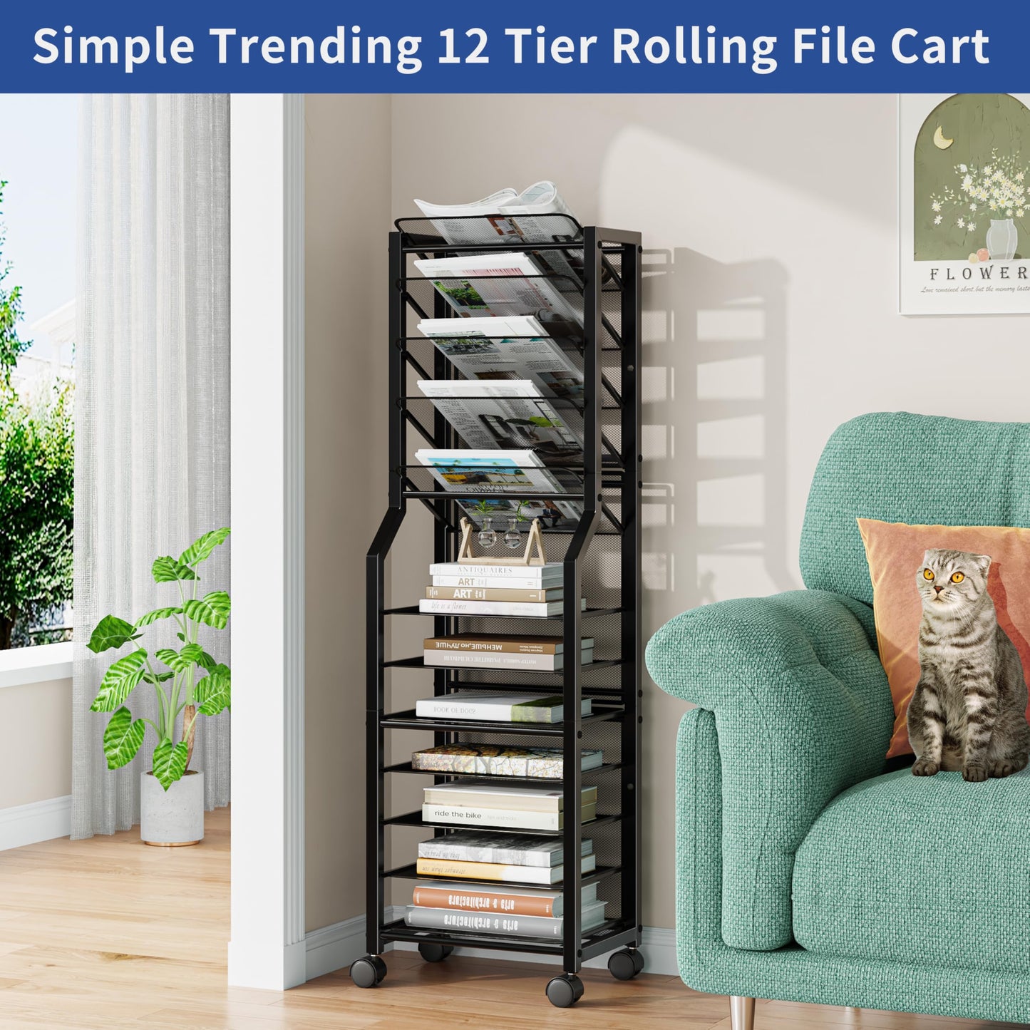 Simple Trending 12 Tier Rolling File Cart, Desk File Organizer with Sliding Trays and Metal Mesh