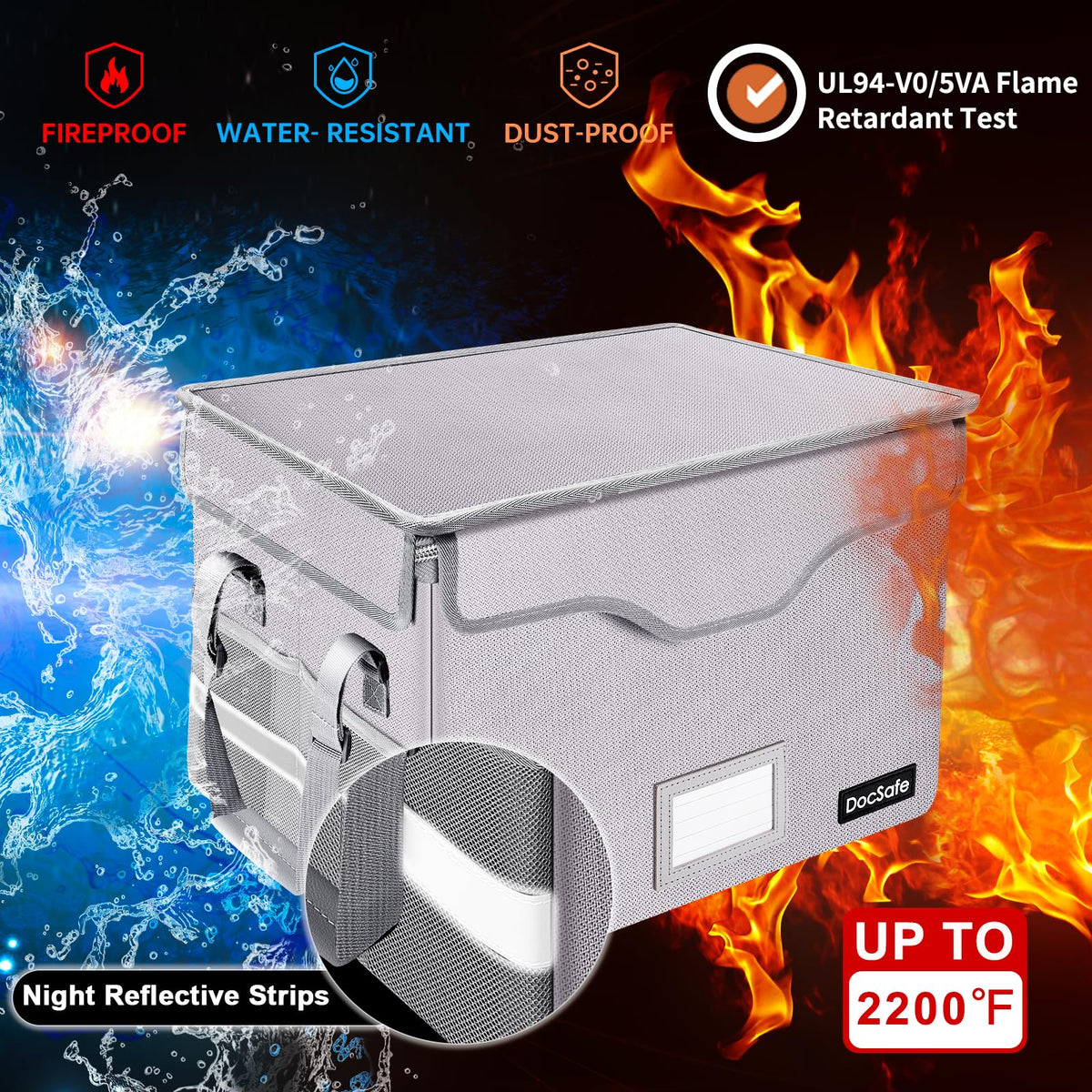 DocSafe Fireproof Document Box with Lock,File Storage Organizer with Pockets,Collapsible Portable