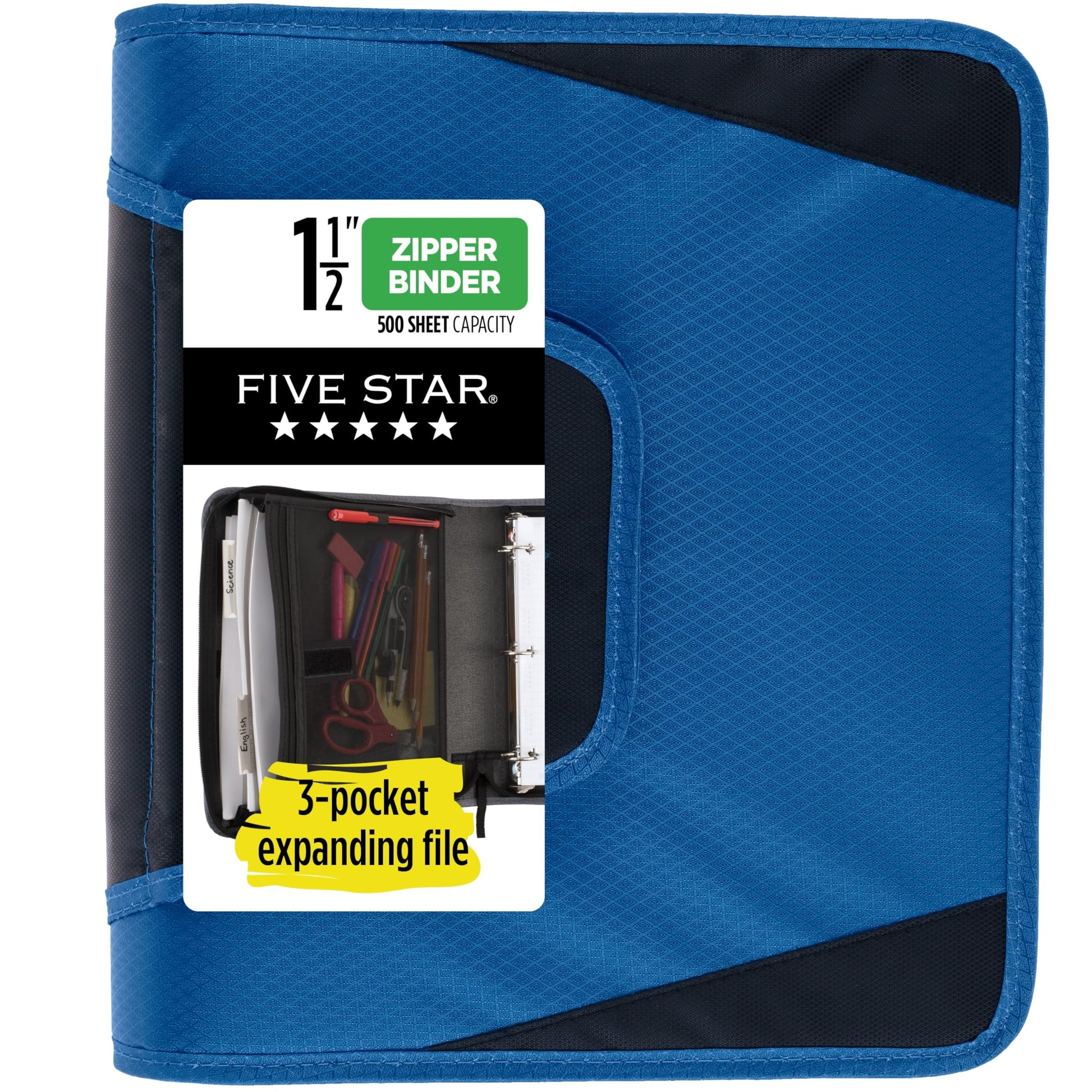 Five Star Zipper Binder, 1-1/2 Inch 3-Ring Binder with Round Rings, 3-Pocket Expanding File, 500