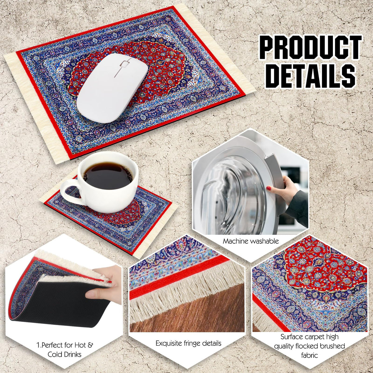 Hushee 4 Pcs Style Carpet Mouse Pad Mini Oriental Floral Rug, Classic Style