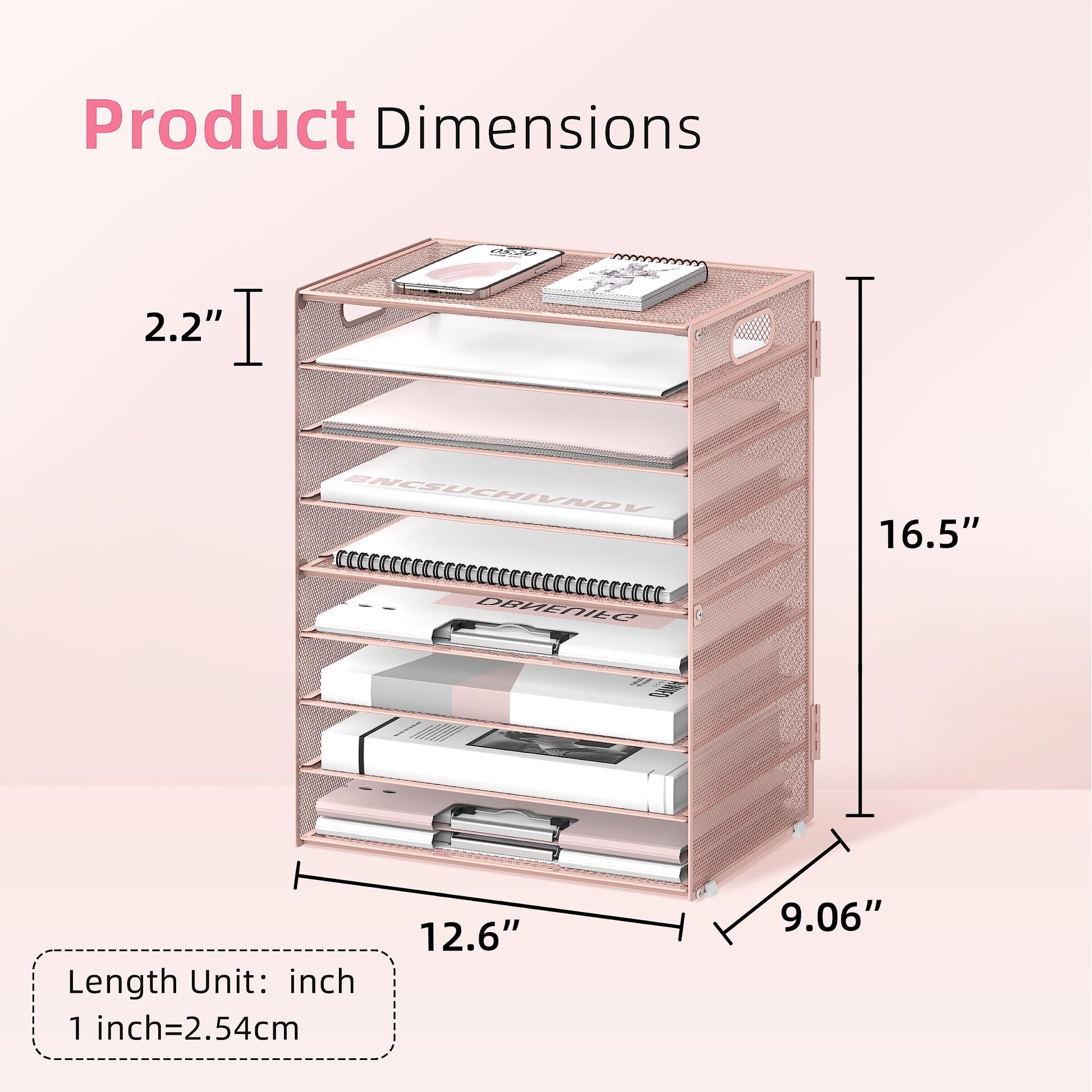 9-Tier Paper Organizer for Desk, Metal Mesh Letter Tray with Handles, Pink