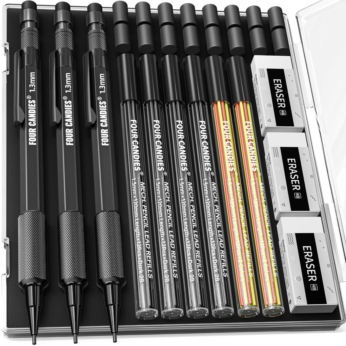 Four Candies 3PCS 1.3mm Metal Mechanical Pencil Set with Case (Black)