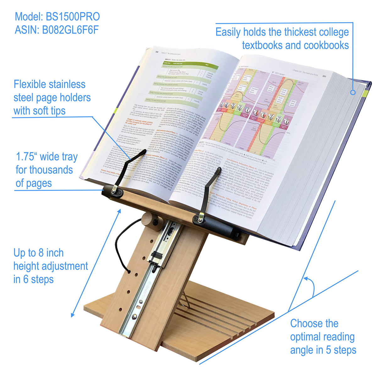 A+ Book Stand BS1500PRO Large Portable Height Adjustable Foldable Eye-Level Ergonomic Bookstand