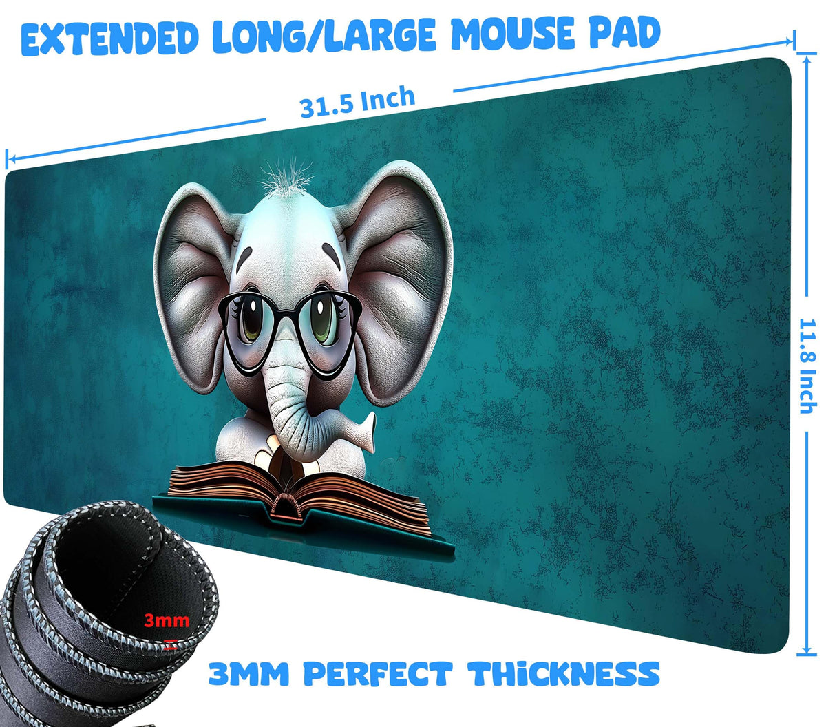 Elephant Mouse Pad Cute Large with Stitched Edges 31.5 x 11.8, Desk Pad Desk Mat for Desktop Decor