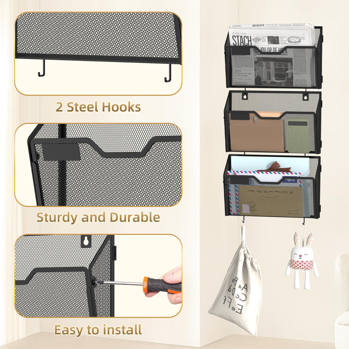 Docnest 6 Pack Mesh Wall File Holders with Hooks for Mail, Black