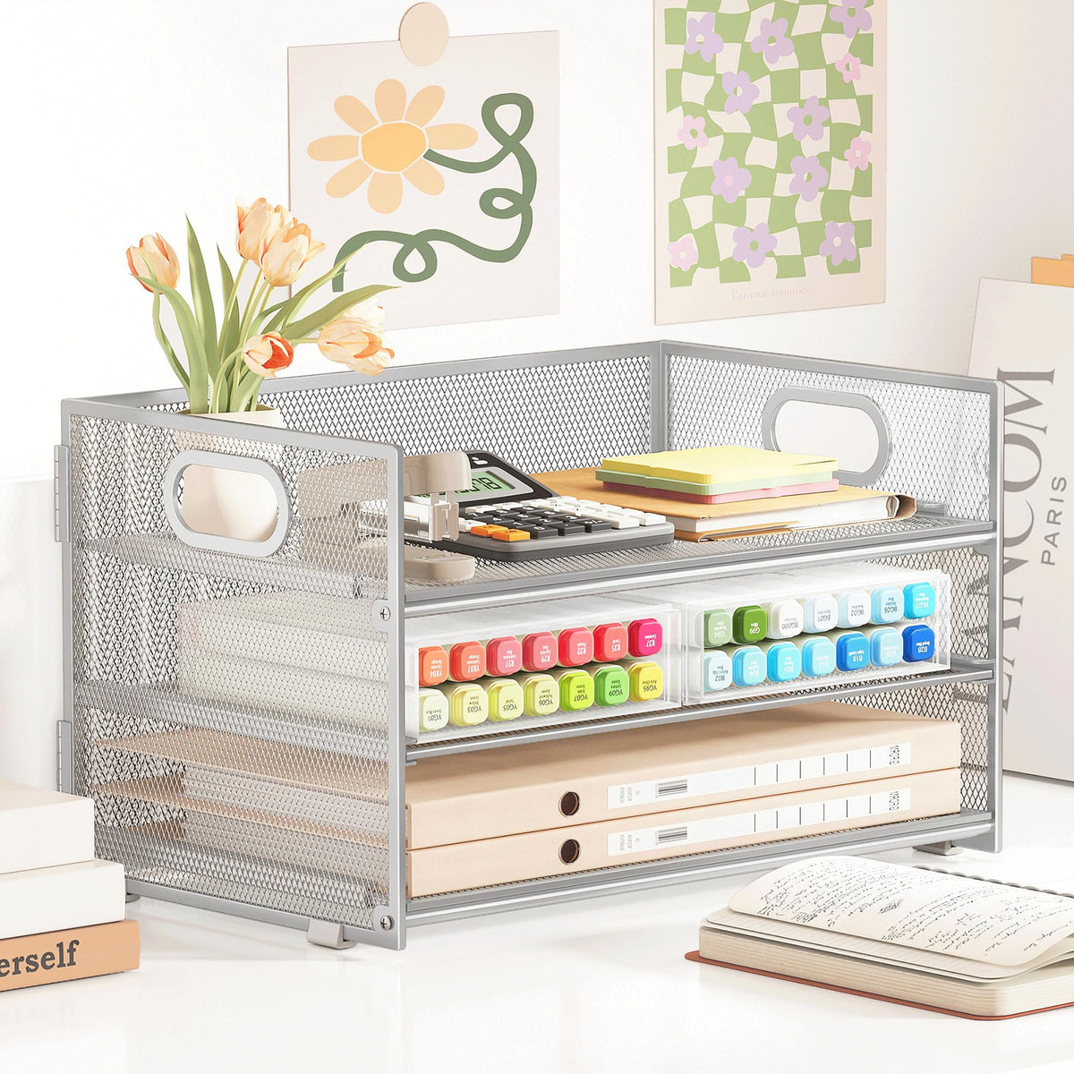 Subekyu 3 Tier Paper Desk Organizer with Handle and 1 PC Slideable Letter Tray, A4 Paper File