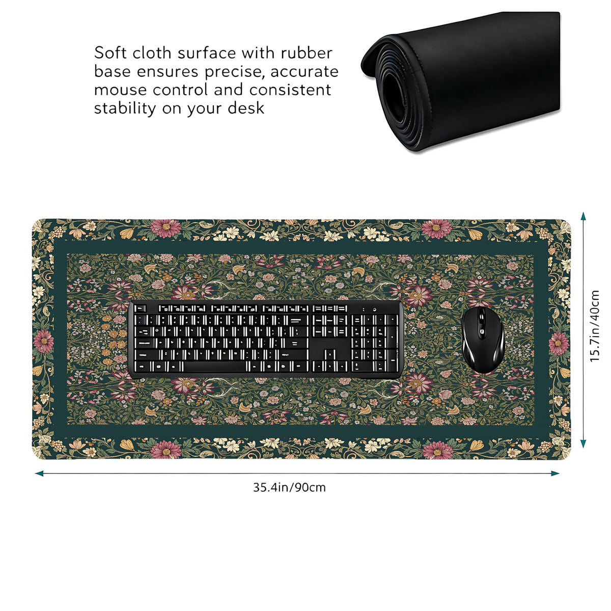 Cute Floral Aesthetic Daisy Gaming Mouse Pad, Dark Green Rug Desk Mat with Anti-Slip Base &