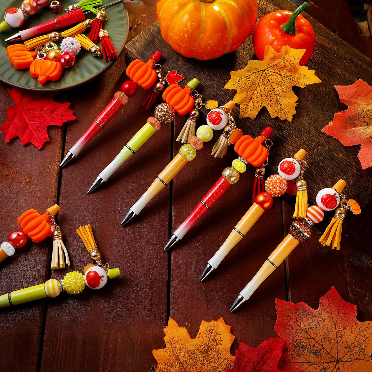 Jutom 12 Fall Beadable Pens Halloween DIY Kit 50 Beads 12 Tassels Pendants