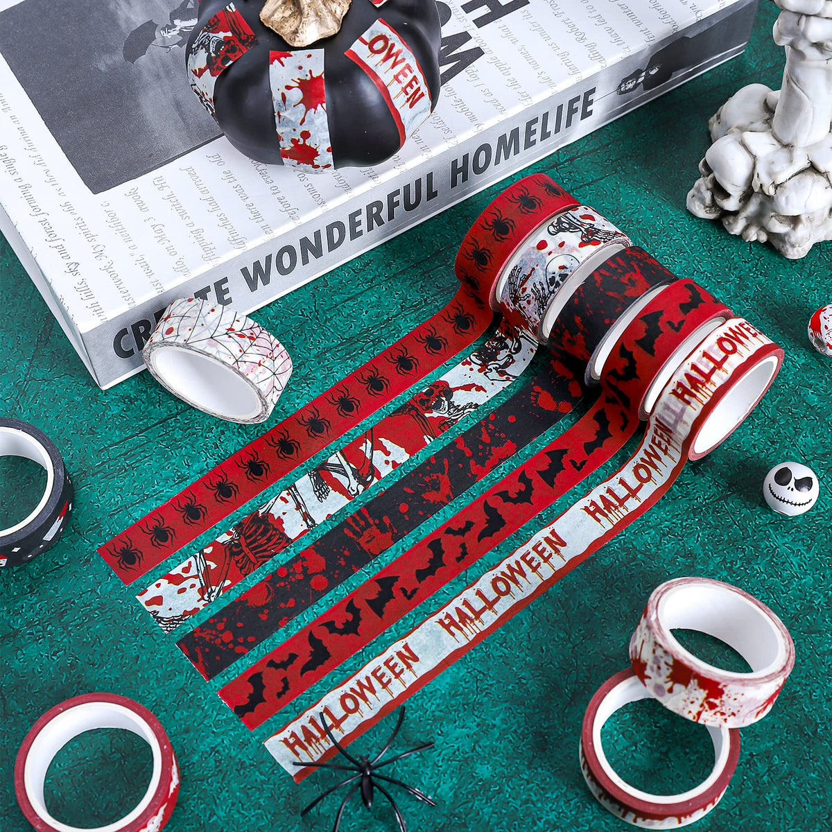 Whaline 12 Rolls Halloween Bloody Washi Tapes Blood Spatter Spooky Bloodstain Skull Ghost Masking