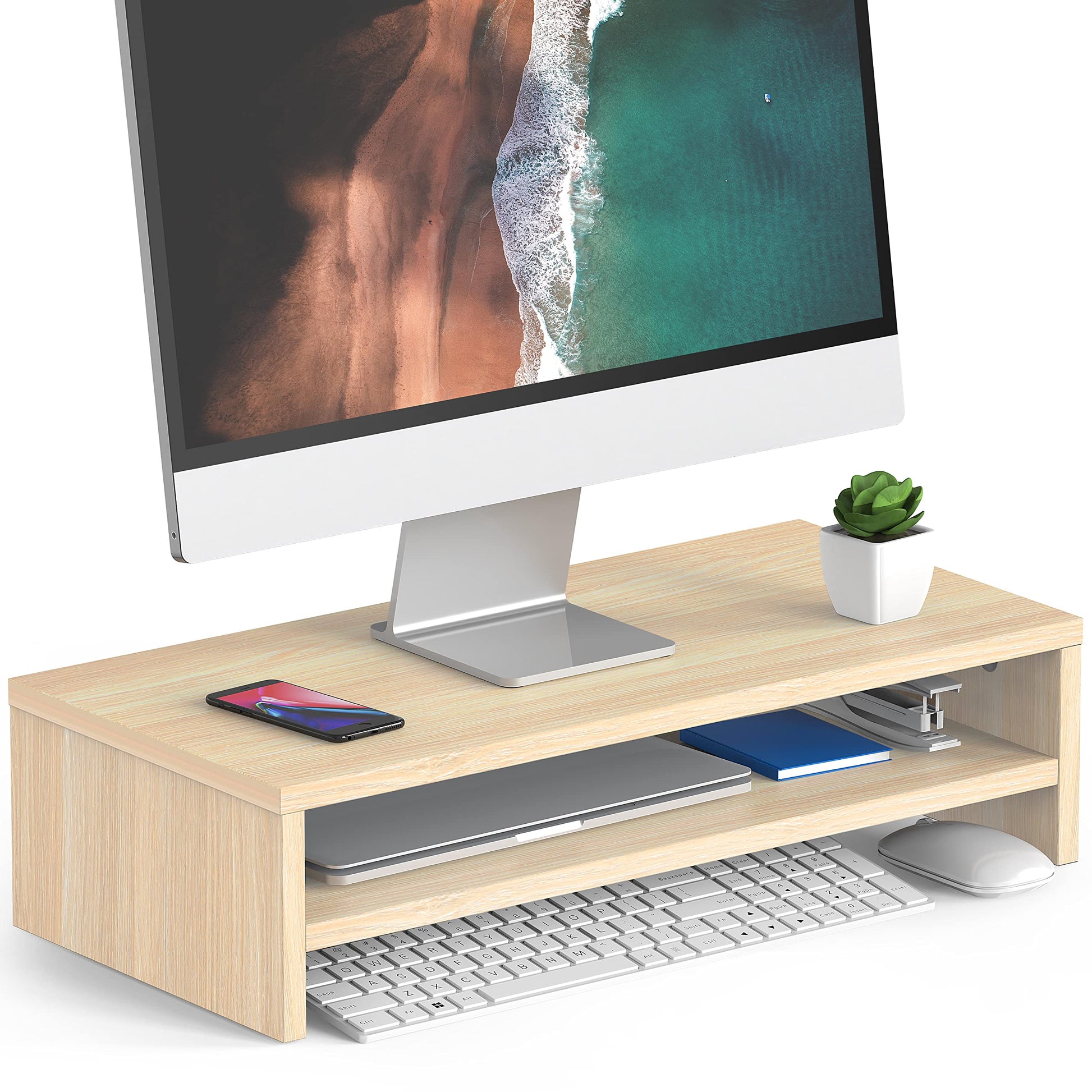 FITUEYES Wooden Monitor Stand Riser, 2-Tier Desk Storage Shelf, Oak