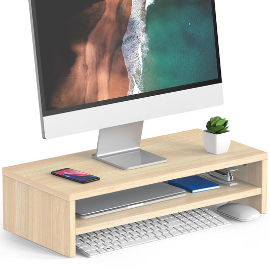 FITUEYES Wooden Monitor Stand Riser, 2-Tier Desk Storage Shelf, Oak