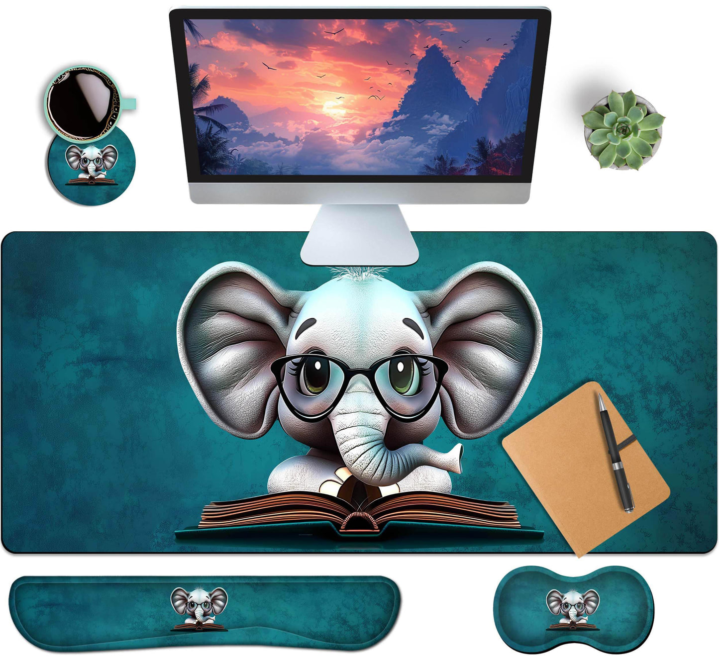 HaoSiTeck 4-Piece Extended Large Mouse Pad Set for Women Men with Elephant Design Includes 35.4 x