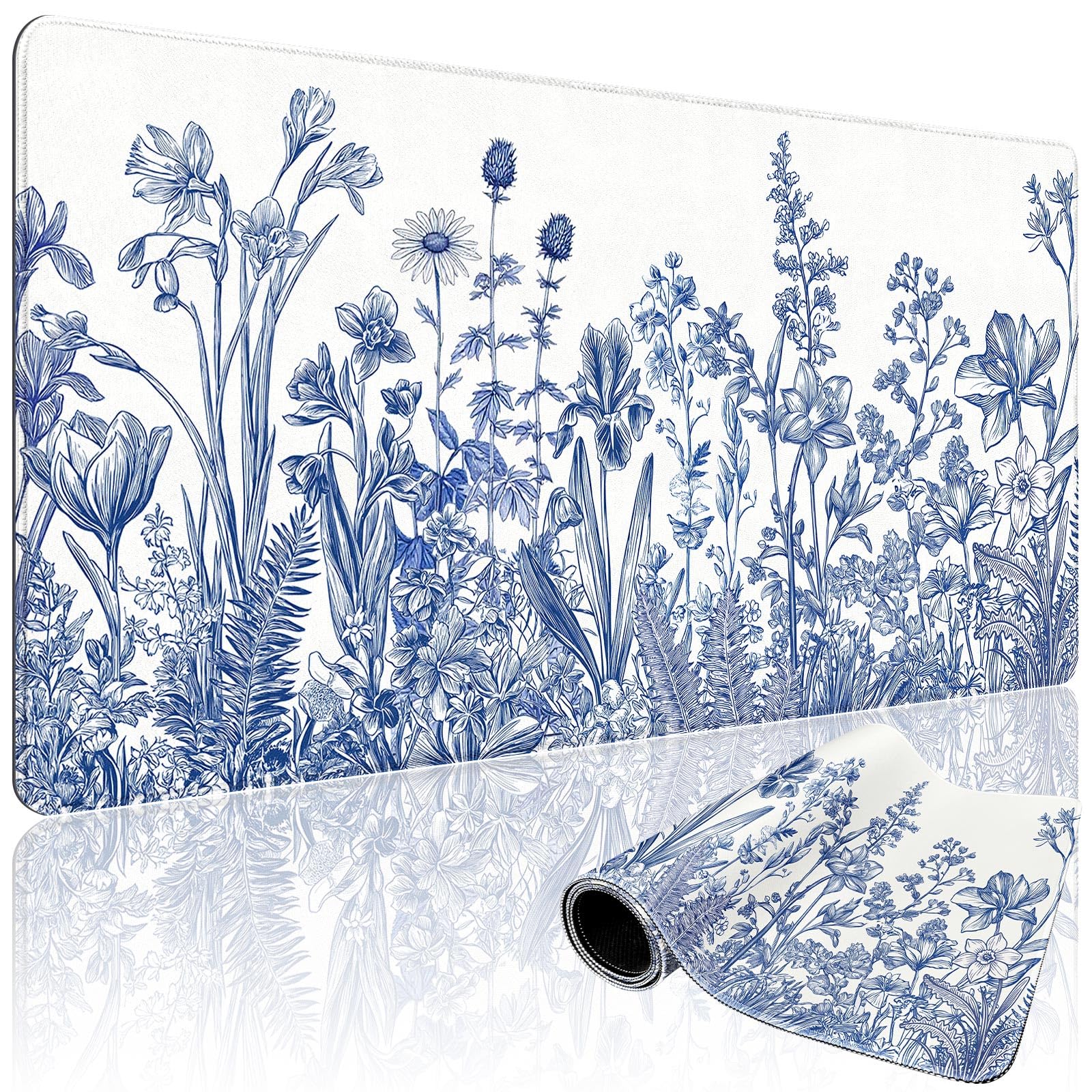 Mcapirivo Large Gaming Mouse Pad Desk Mat 31.5"x15.7" Non Slip Blue Floral