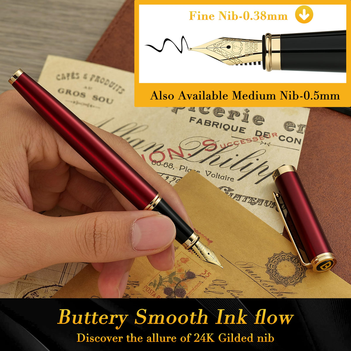BEILUNER Red Fountain Pen,Stunning Luxury Pens with 24K Gold Finish, Gorgeous 24K Gilded Nib(Fine)