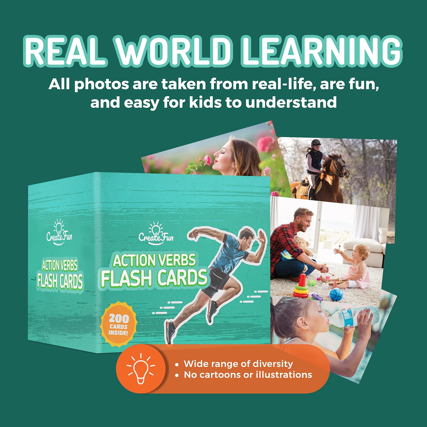CreateFun 200 Action Verbs Flash Cards - Kids, Speech Therapy, ESL, Autism