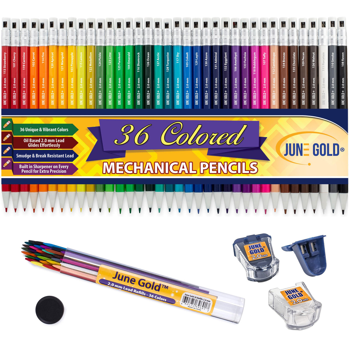 June Gold 36 Colored 2.0 mm Mechanical Pencils/w 36 Refills & 2 Sharpeners