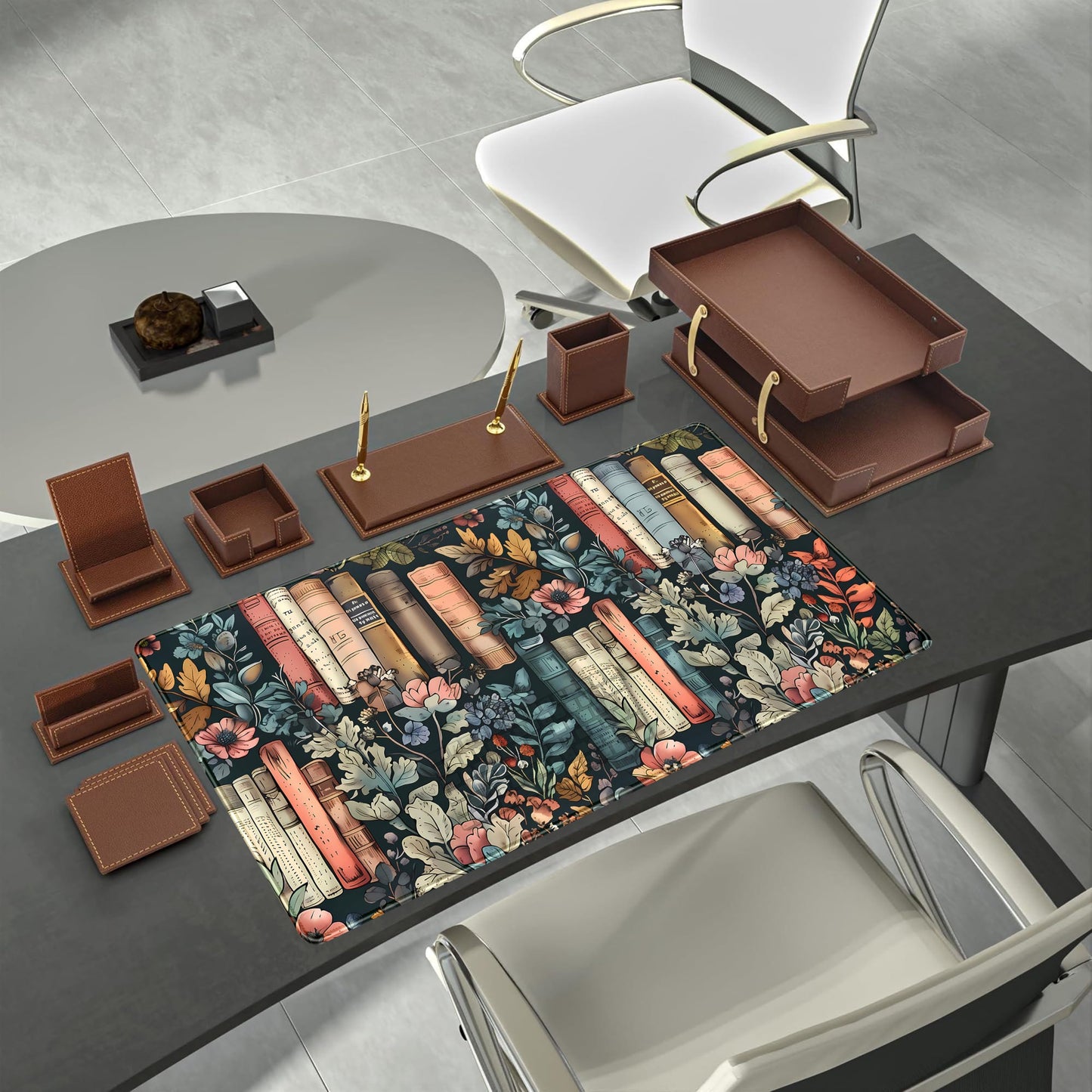 Floral Books Desk Mat Reading Desk Pad Mouse Mat XXL, Colorful Mouse Keyboard Pad Flower Bookshelf
