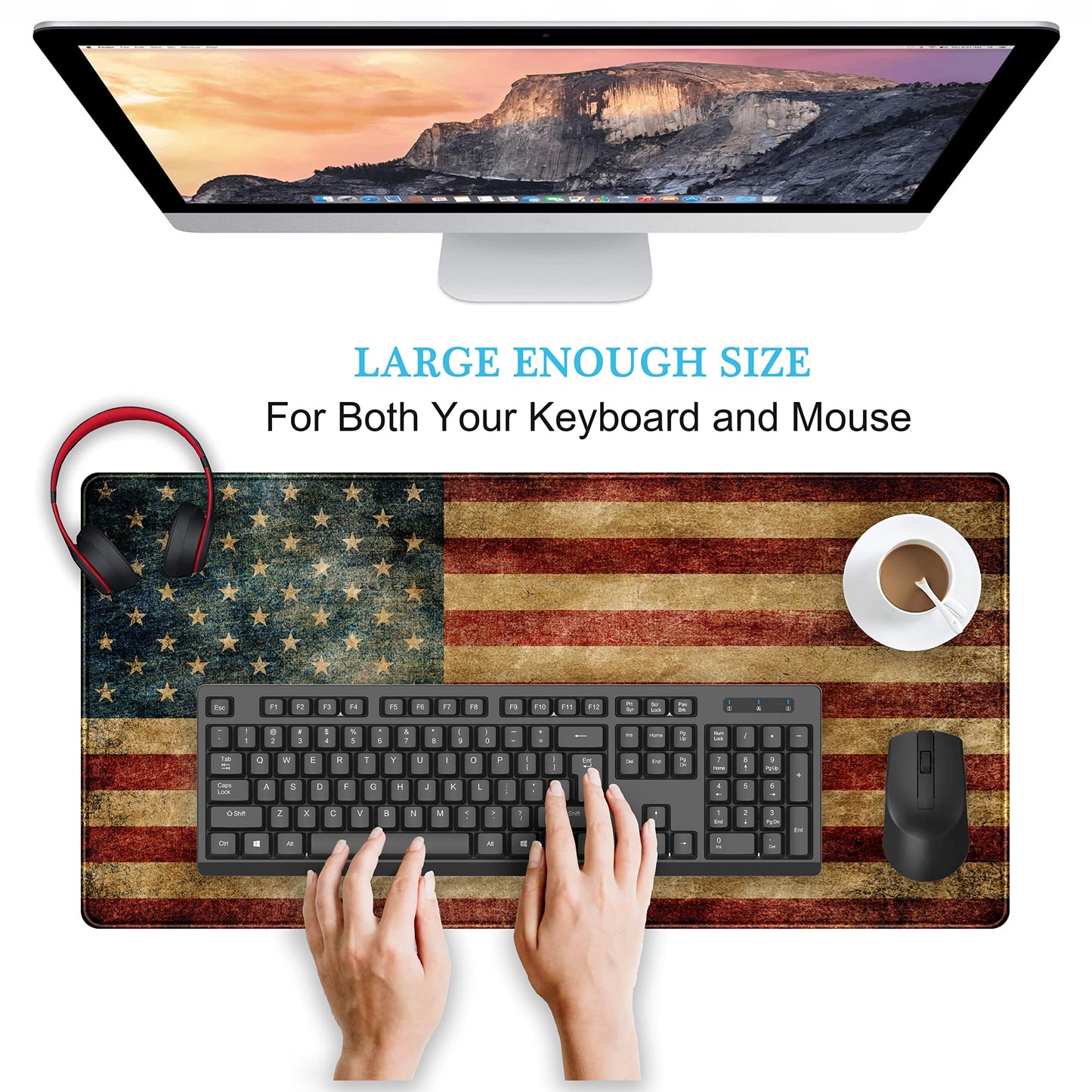 Desk Mat, Extended Gaming Mouse Pad, Large Keyboard Mouse Mat XXL, American Flag Full Desktop