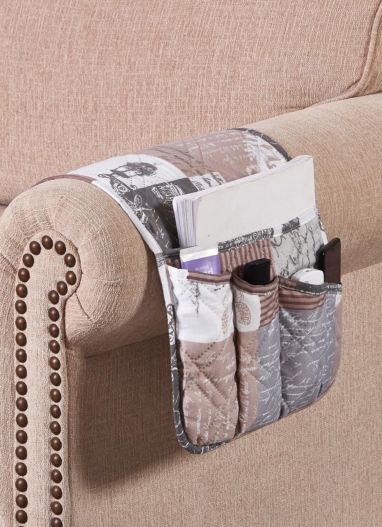 Brilliant Sunshine Latte Grey Toile Couch Armrest Cover, 35"×13"