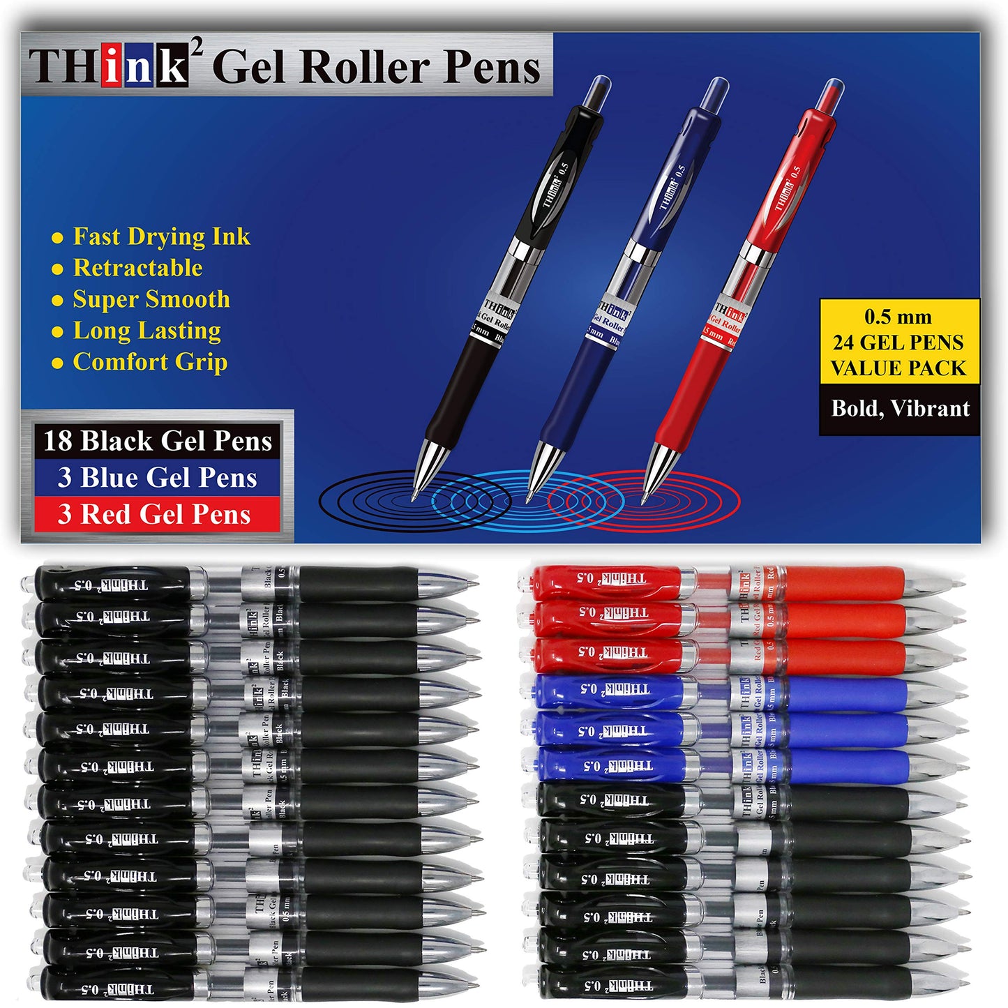 [24 Pens - 3 Colors] Think2 Retractable Gel Pens. (18 Black, 3 Red, 3 Blue) Fine Point (0.5mm)