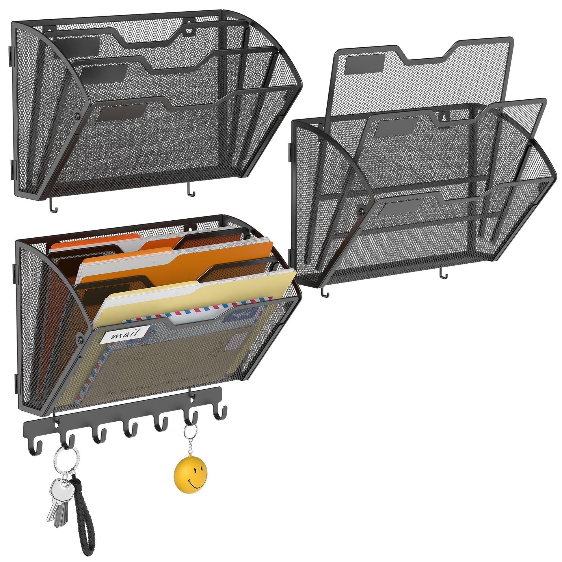 Docnest 3 Pack 3 Tier Mesh Wall File Holders with Hooks for Mail, Black