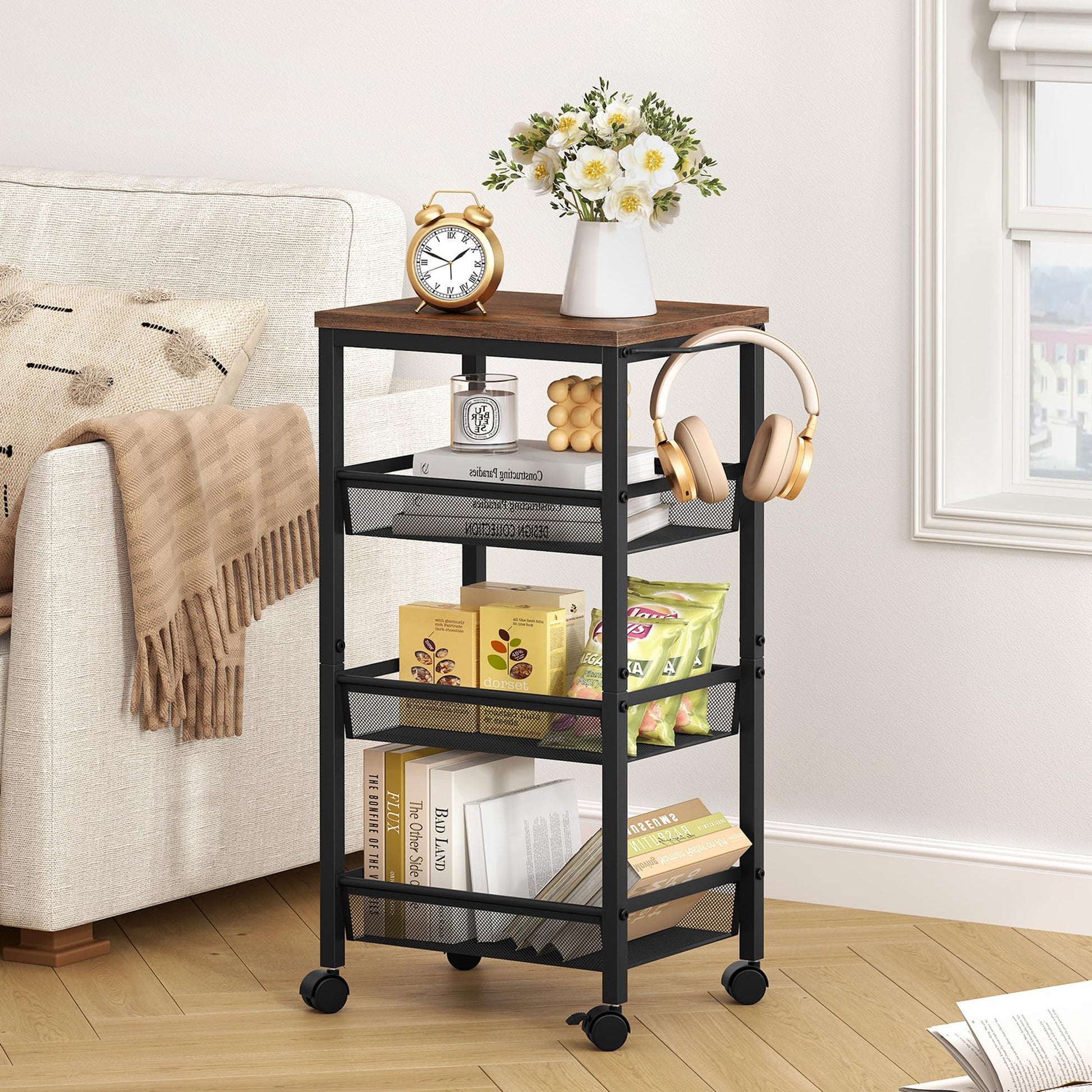 Hoctieon Rolling Storage Cart, 4-Tier 11.8" Wide Panel Kitchen Storage Cart, Utility Carts with