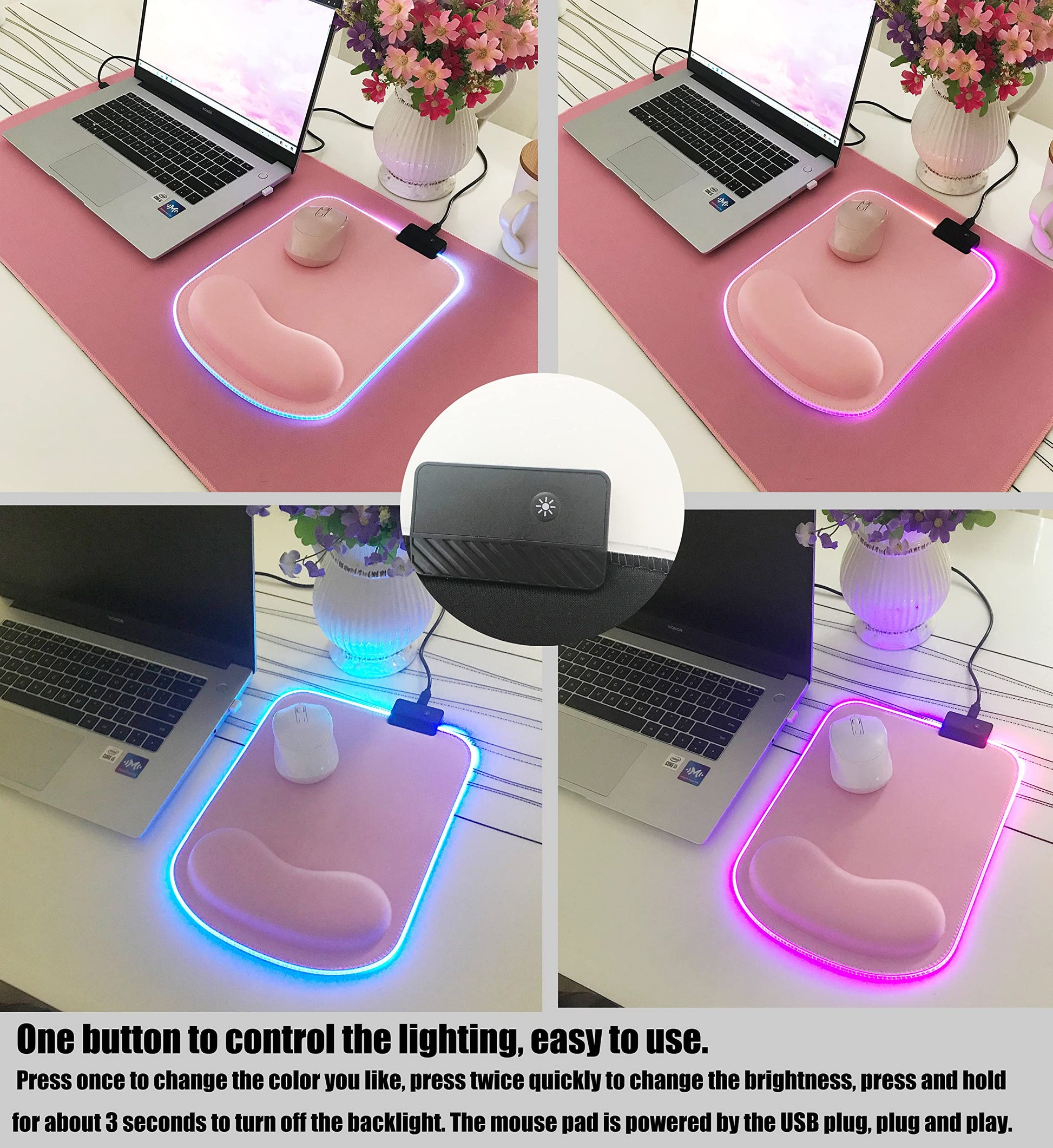 RGB LED Wrist Support Mouse Pad with 13 Lighting Modes, Anti-Slip Rubber Base, Ergonomic for