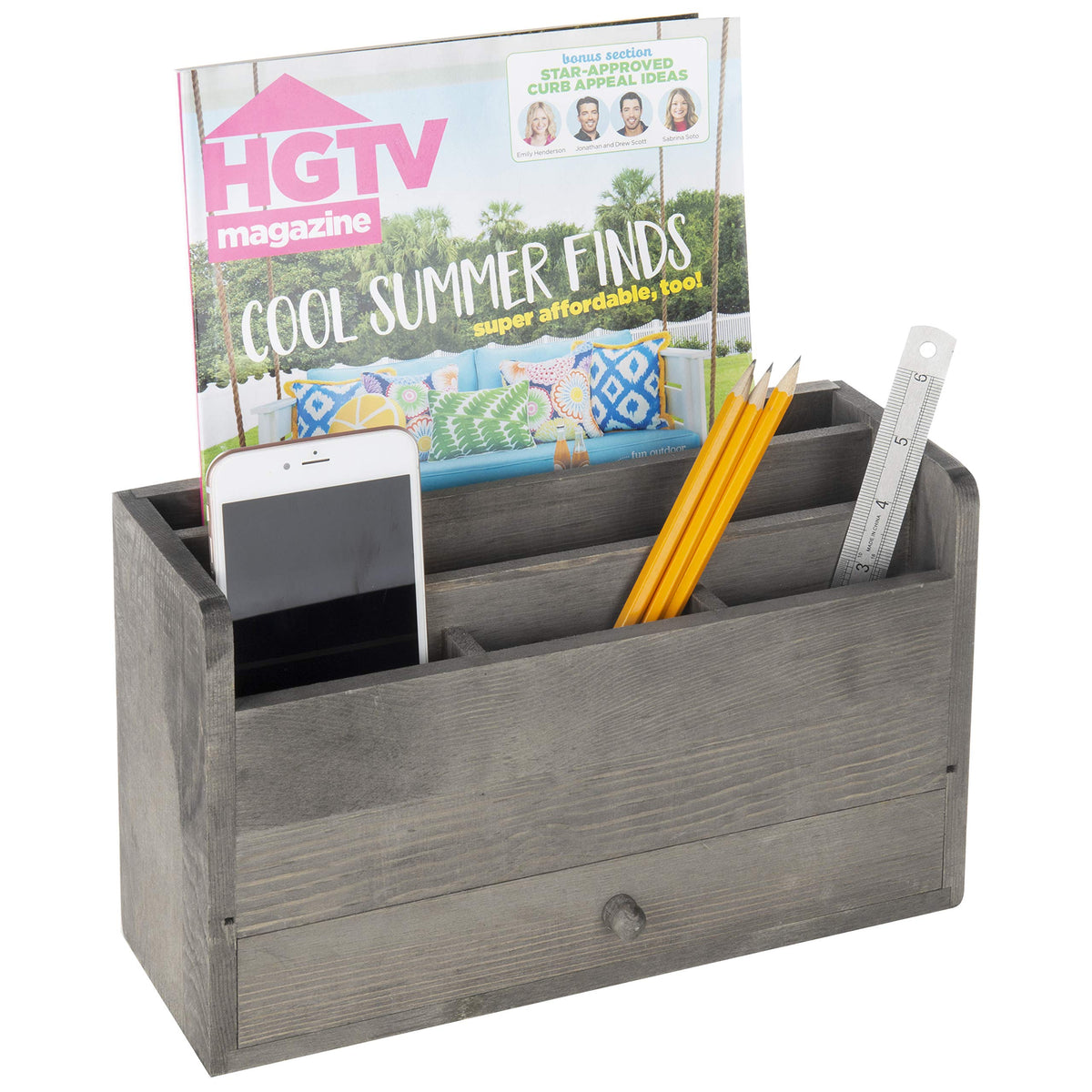 MyGift Rustic Gray Solid Wood Office Desk Supplies and Stationery Organizer, 5 Slot Wooden Desktop