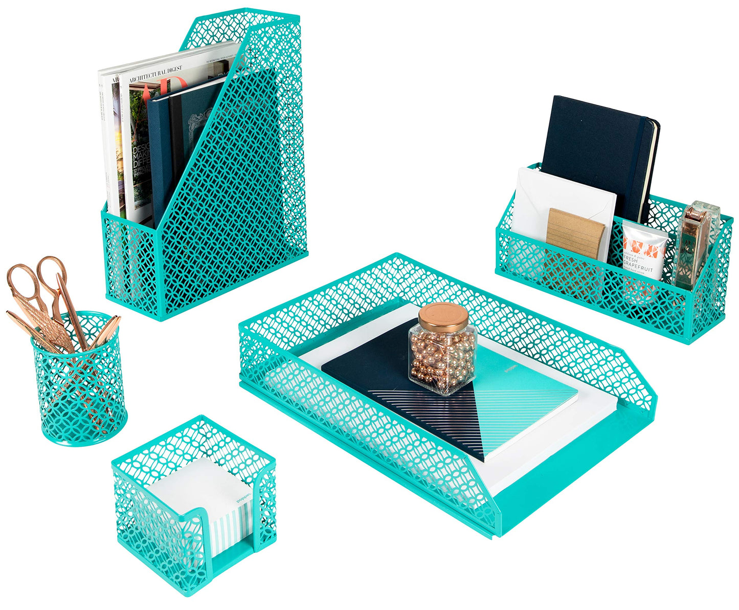 BLU MONACO | Dark Teal Desk Organizer Set | 5 Piece Metal Desk Accessories with Mail Sorter, Pen