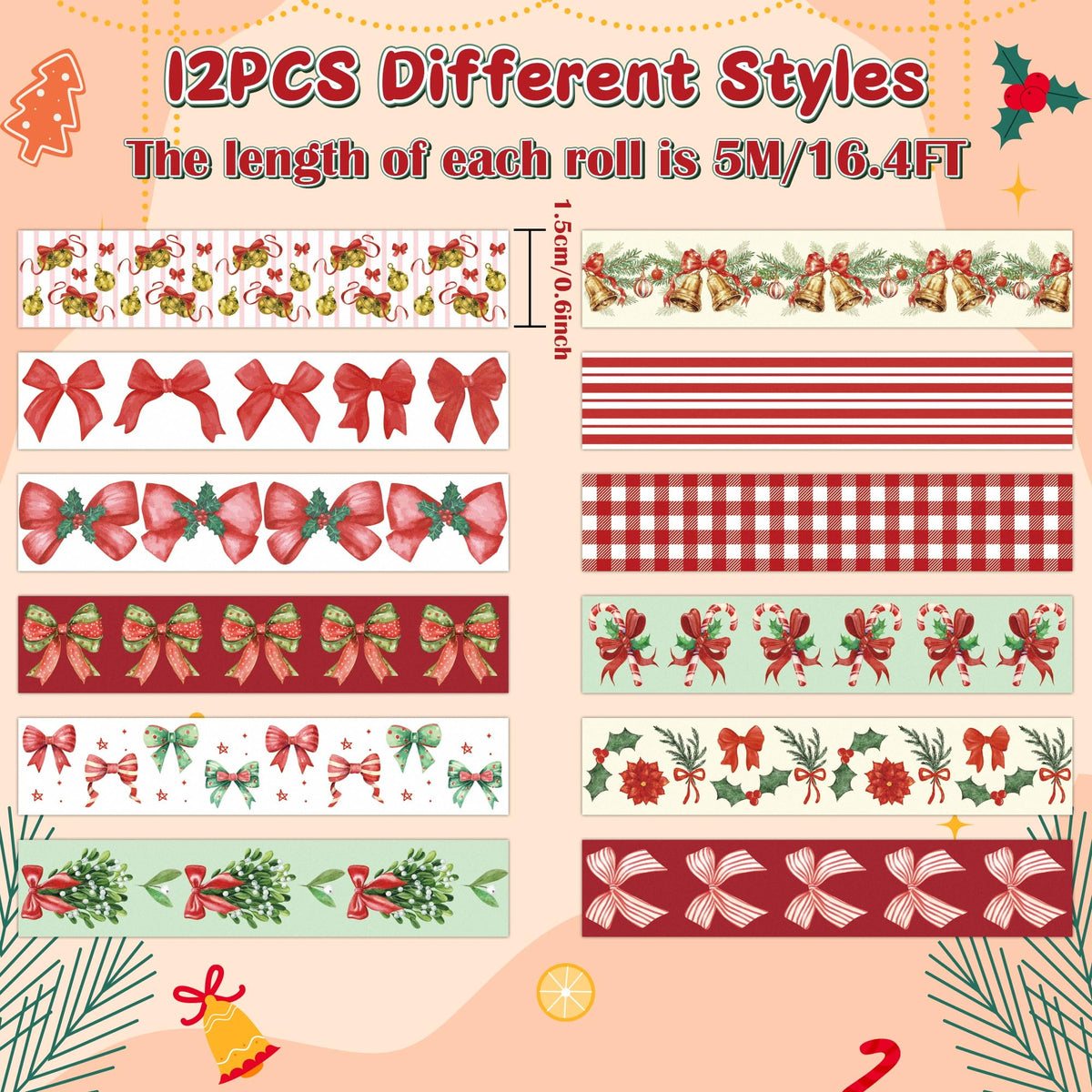 BkeeCten Christmas Bow Washi Tape - 12 Rolls Festive Holiday Designs with Holly Candy Cane